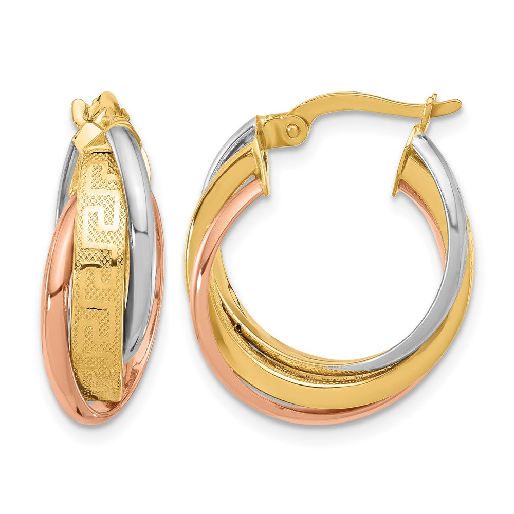 14K Tricolor Poliert mit Strukturiert Greek Key Creolen