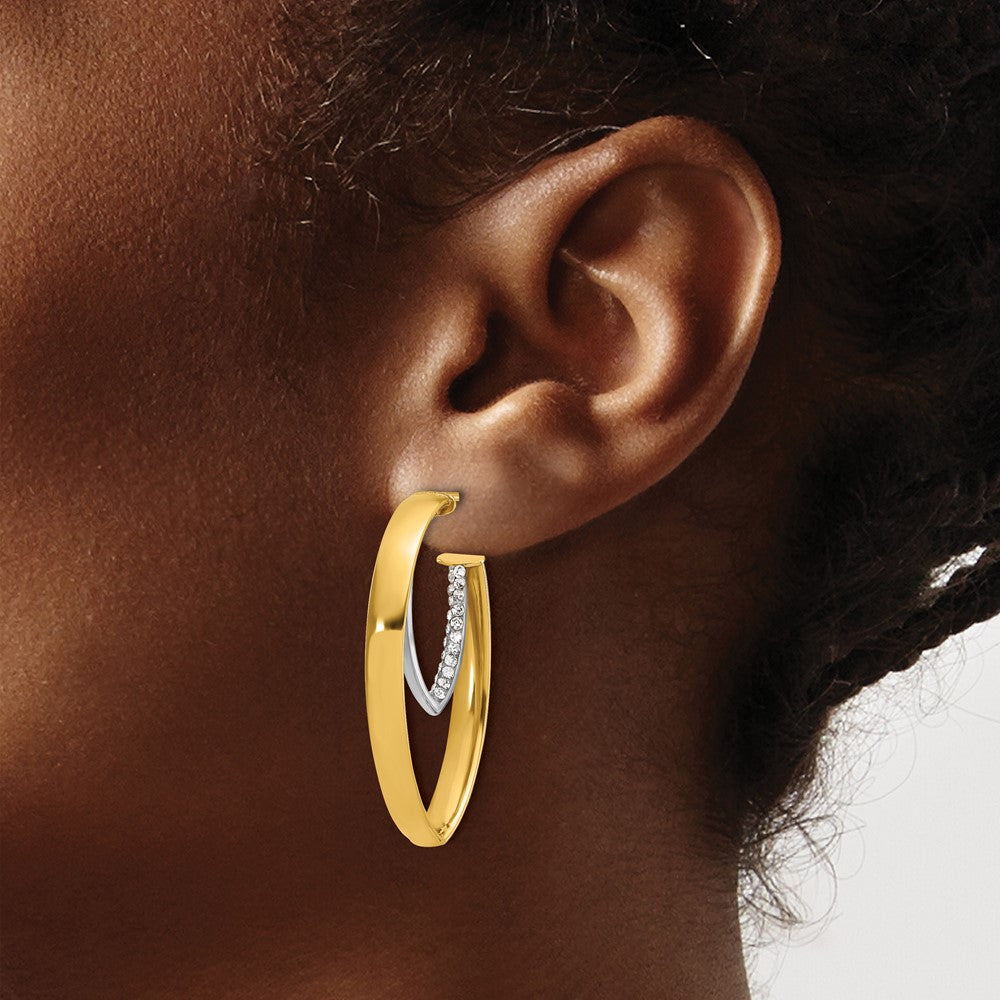 14K Gelb & Rhodium Weiß Poliert Kristall Oval Tropfen Ohrstecker
