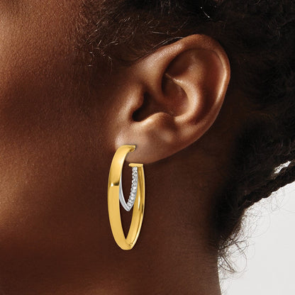14K Gelb & Rhodium Weiß Poliert Kristall Oval Tropfen Ohrstecker