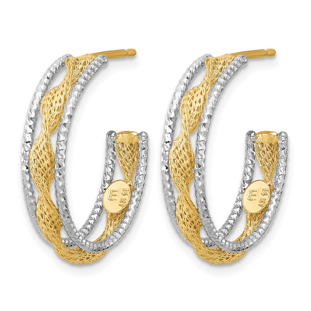 14K Gelb & Rhodium Poliert/textured/dia Schliff Gedreht J Creolen