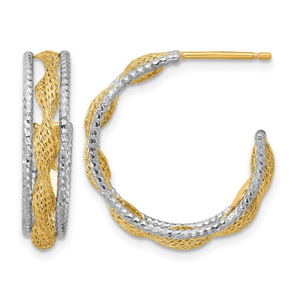 14K Gelb & Rhodium Poliert/textured/dia Schliff Gedreht J Creolen