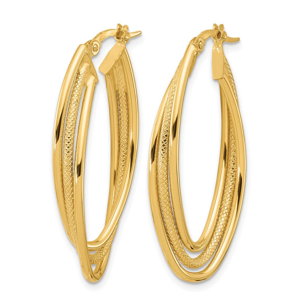 14K Gelbgold Poliert und Strukturiert Dreifach Oval Gedreht Creolen