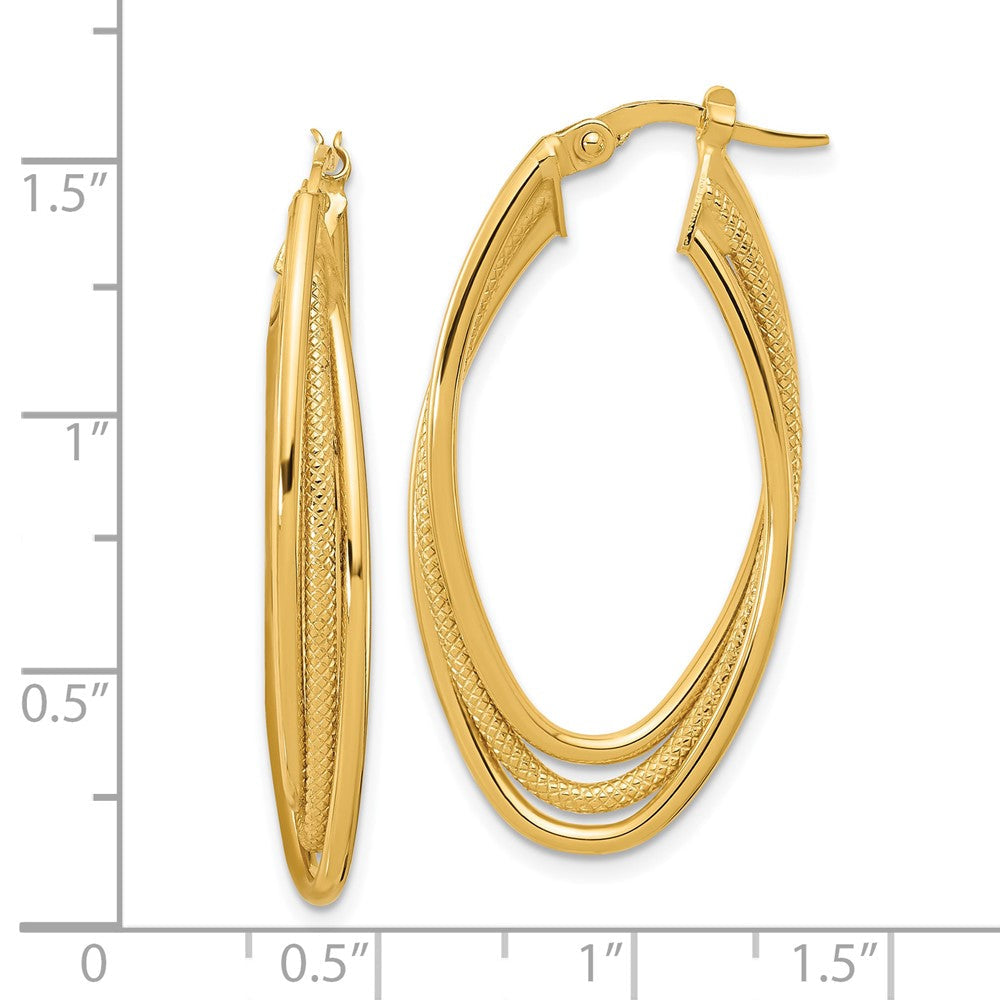 14K Gelbgold Poliert und Strukturiert Dreifach Oval Gedreht Creolen