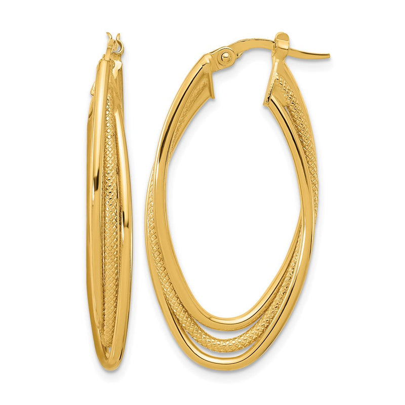 14K Gelbgold Poliert und Strukturiert Dreifach Oval Gedreht Creolen