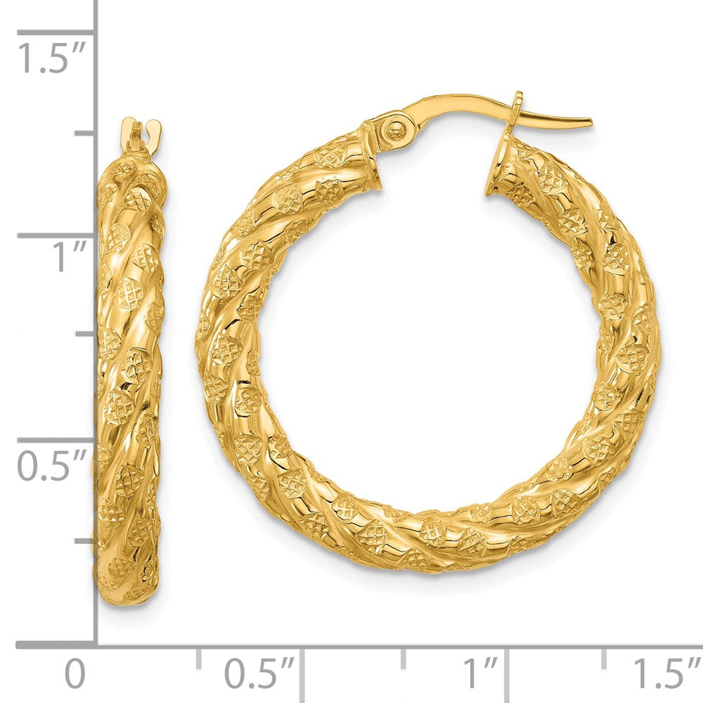 14K Gelbgold Poliert und Strukturiert Gedreht Kreis Creolen