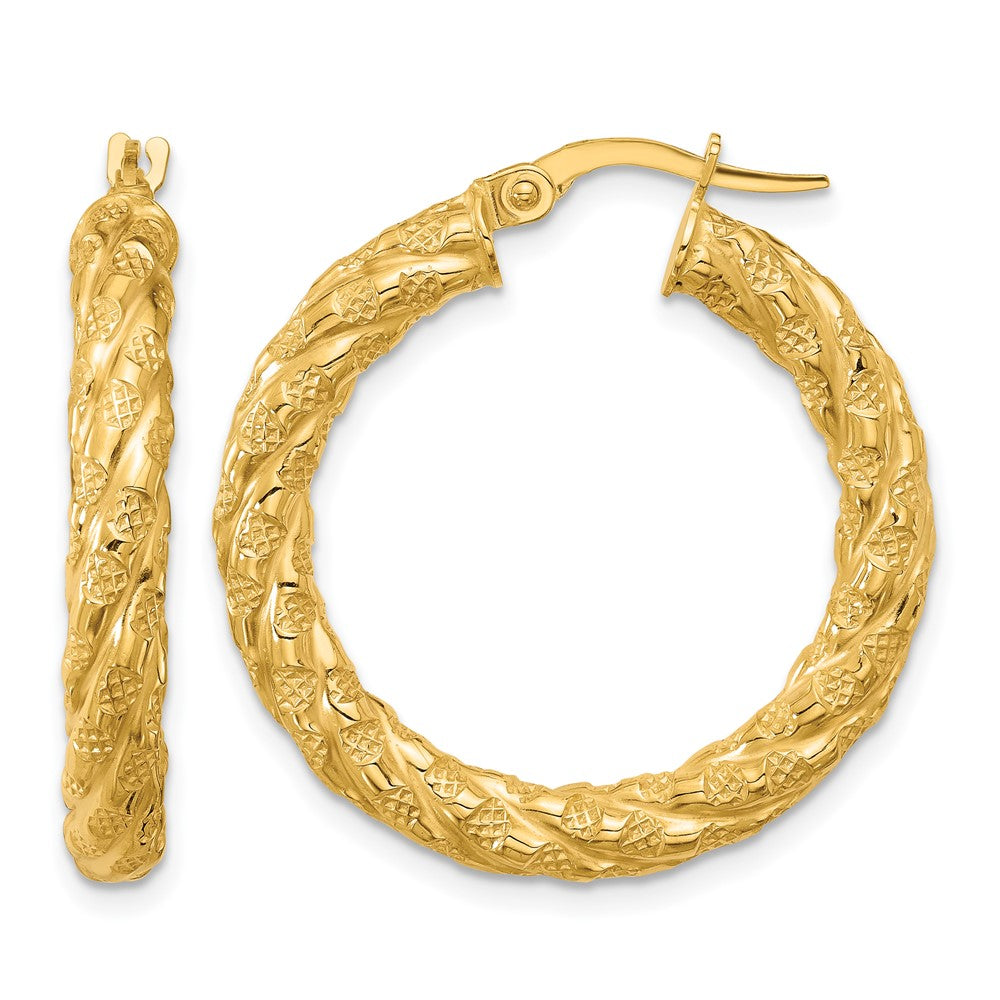 14K Gelbgold Poliert und Strukturiert Gedreht Kreis Creolen