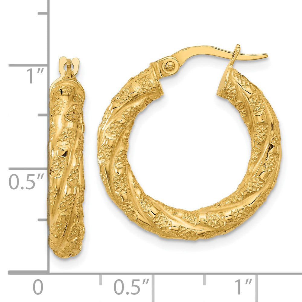 14K Gelbgold Poliert und Strukturiert Gedreht Röhre Creolen