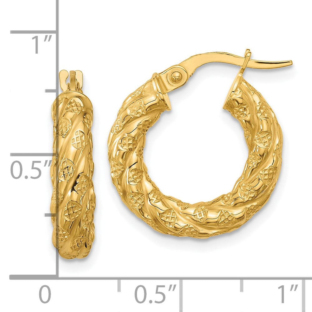 14K Gelbgold Poliert und Strukturiert Gedreht Röhre Creolen