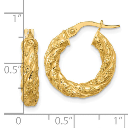 14K Gelbgold Poliert und Strukturiert Gedreht Röhre Creolen