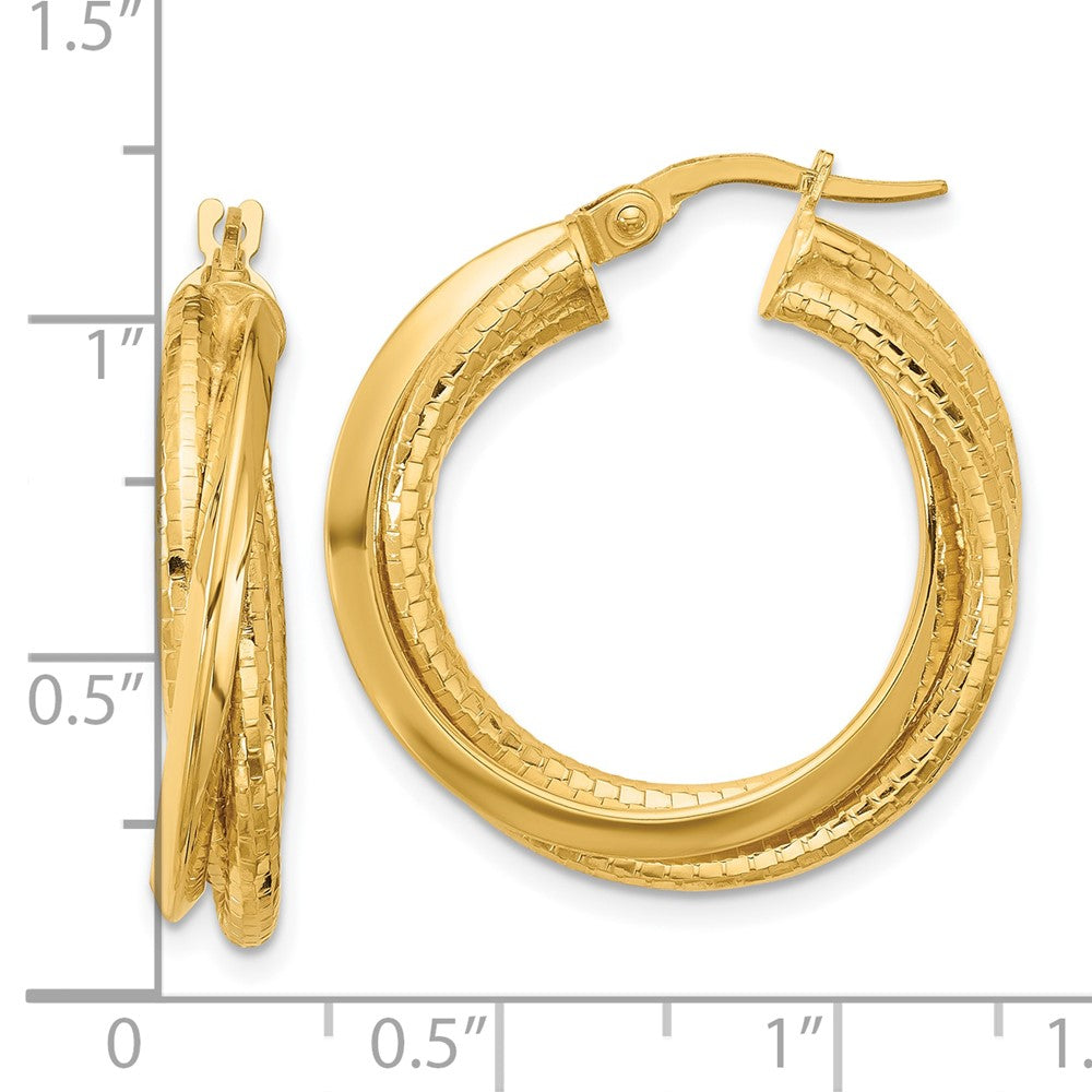 14K Gelbgold Poliert und Strukturiert Gedreht Kreis Creolen