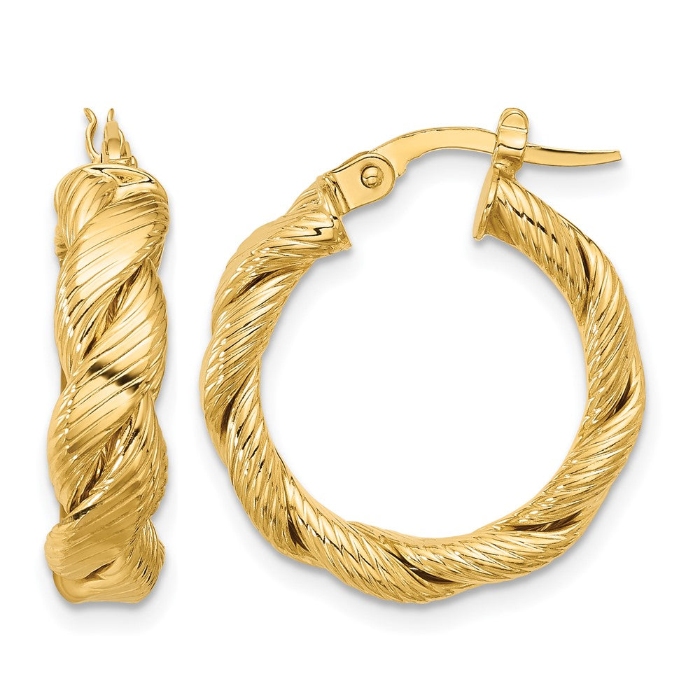14K Gelbgold Poliert und Strukturiert Gedreht Creolen