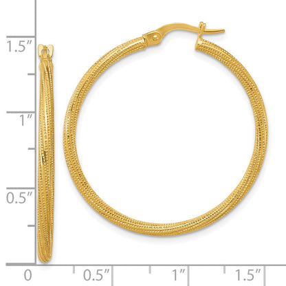 14K Gelbgold Poliert und Strukturiert Gedreht Röhre Creolen