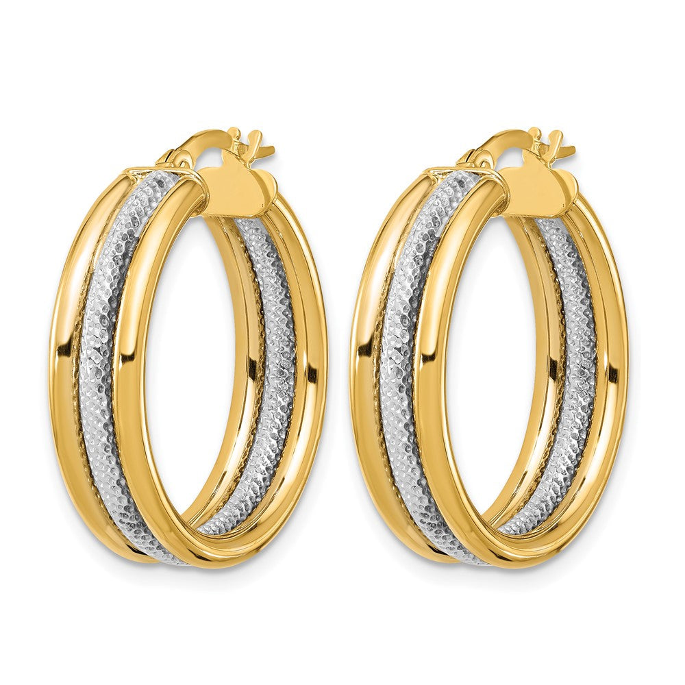 14K Gelb & Rhodium Weiß Poliert und Strukturiert Dreifach Creolen