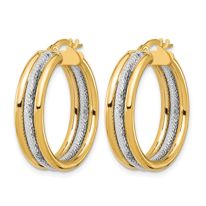 14K Gelb & Rhodium Weiß Poliert und Strukturiert Dreifach Creolen