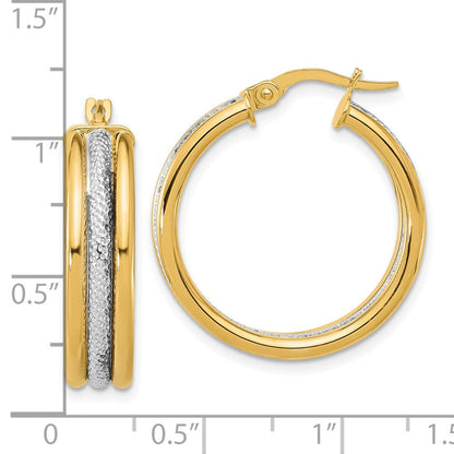14K Gelb & Rhodium Weiß Poliert und Strukturiert Dreifach Creolen