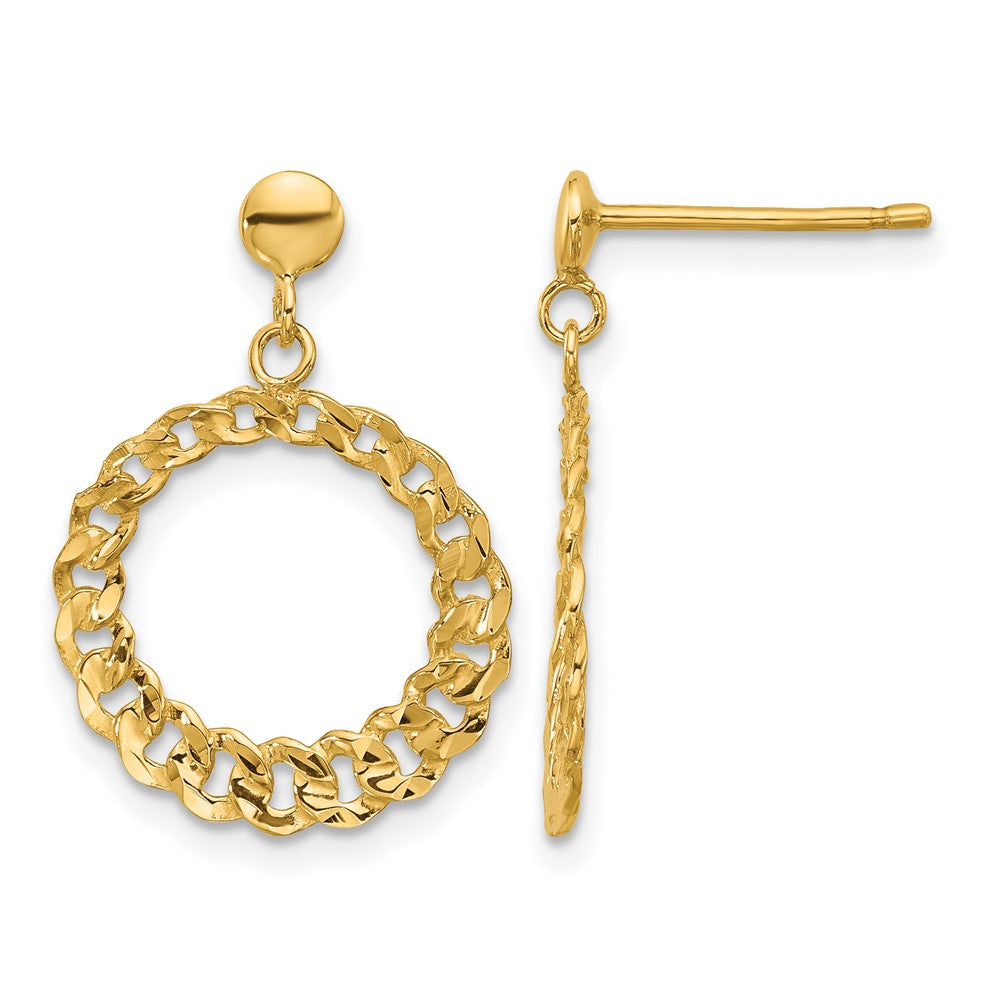 14K Gelbgold Poliert und Diamantiert Kreise Hängend Ohrstecker