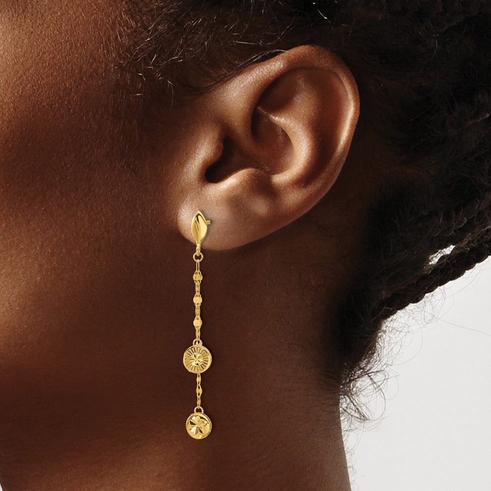 14K Gelbgold Poliert und Diamantiert Plättchen Hängend Ohrstecker