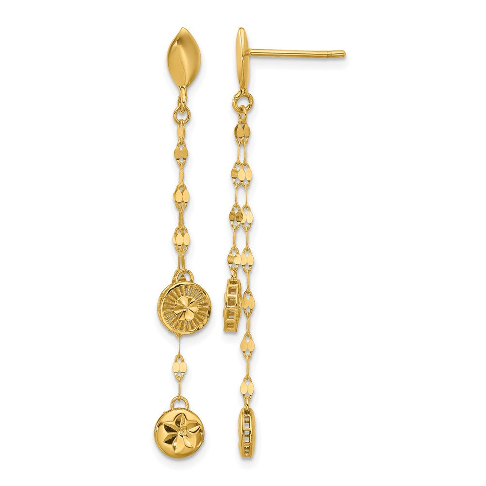 14K Gelbgold Poliert und Diamantiert Plättchen Hängend Ohrstecker