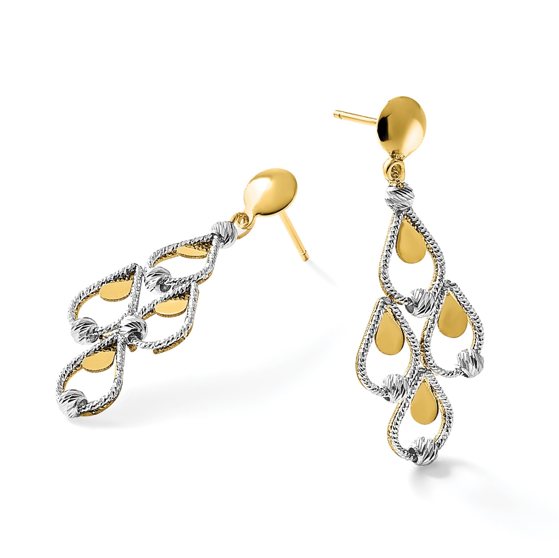 14K Bicolor Tt Poliert / Diamant Schliff Chandelier Hängend Ohrstecker