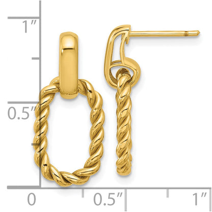 14K Gelbgold Poliert und Gedreht Oval Glieder Hängend Ohrstecker