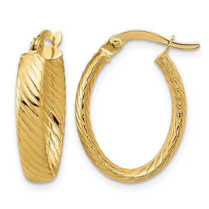 14K Gelbgold Poliert und Gerillt Oval Creolen