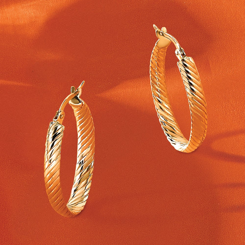 14K Gelbgold Poliert und Gerillt Oval Creolen
