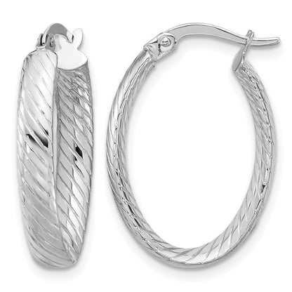 14K Weißgold Poliert und Gerillt Oval Creolen