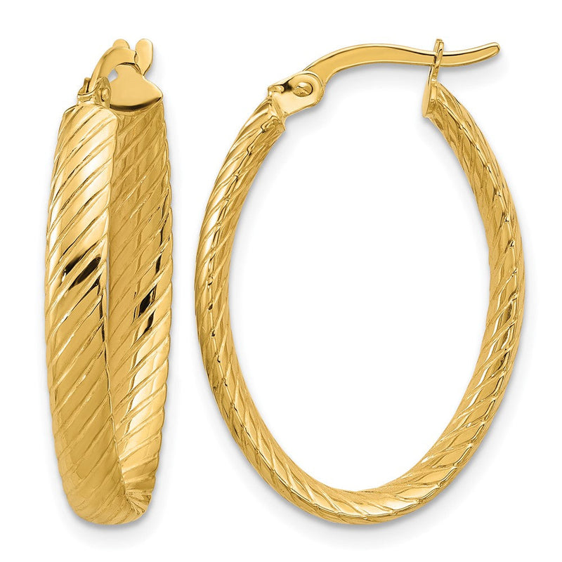 14K Gelbgold Poliert und Gerillt Oval Creolen