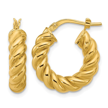 14K Gelbgold Poliert und Gedreht Rund Creolen