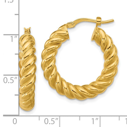 14K Gelbgold Poliert und Gedreht Rund Creolen
