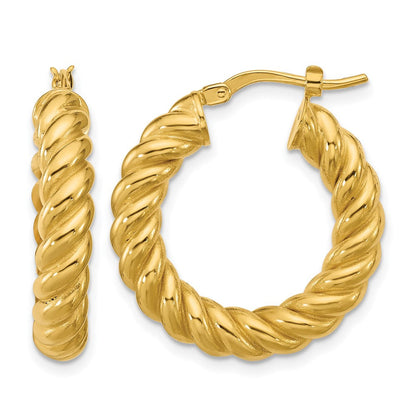 14K Gelbgold Poliert und Gedreht Rund Creolen