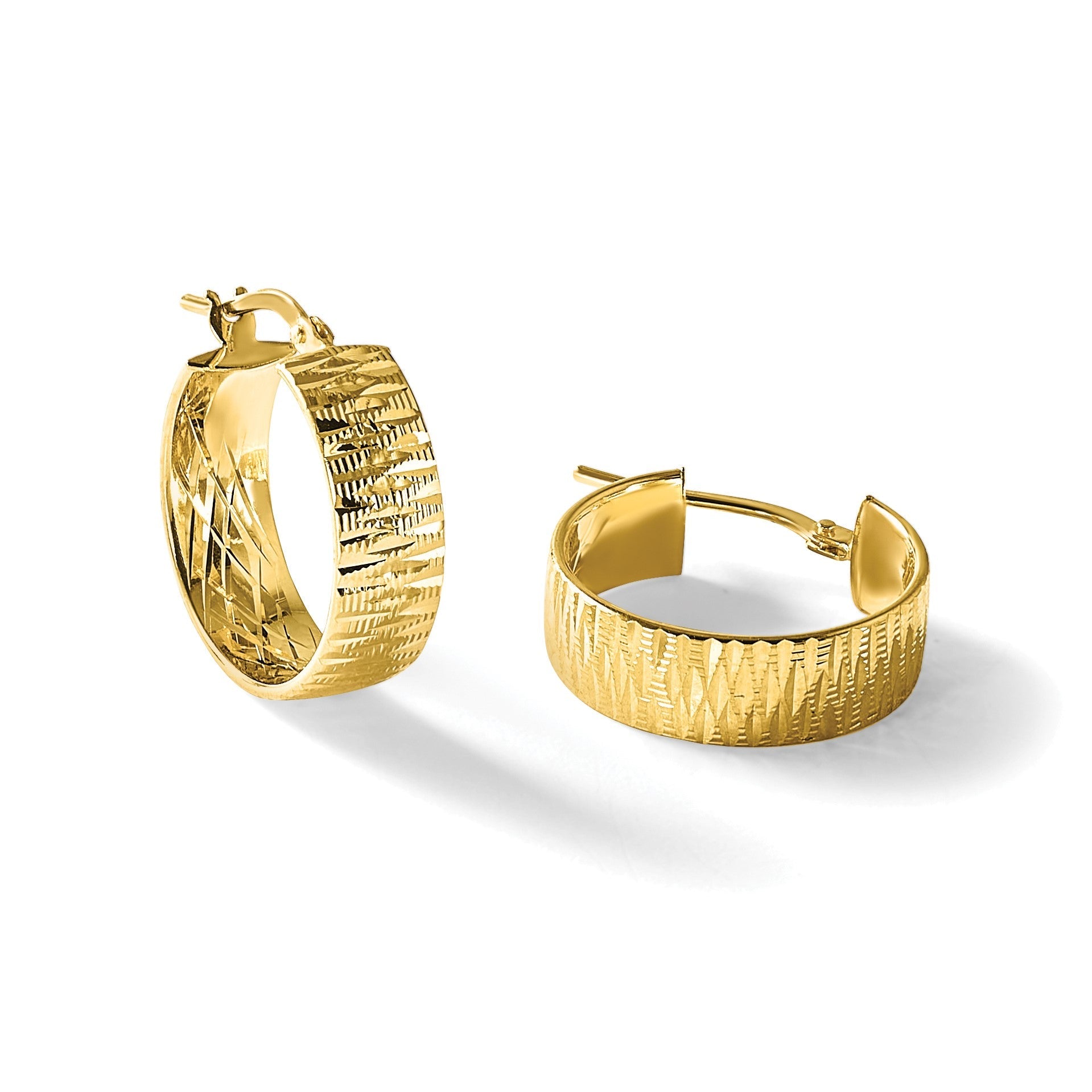 14K Gelbgold Poliert und Diamantiert Rund Creolen