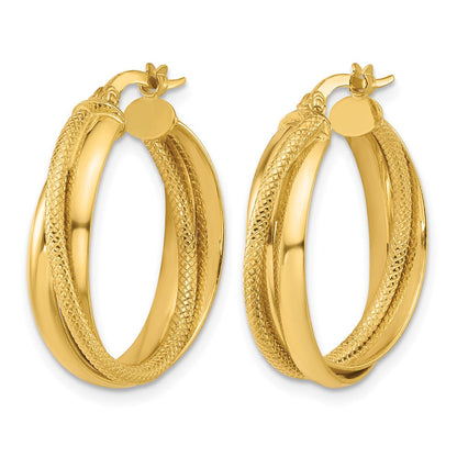 14K Gelbgold Poliert und Strukturiert Rund Creolen