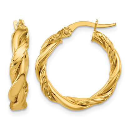 14K Gelbgold Poliert und Gedreht Rund Creolen