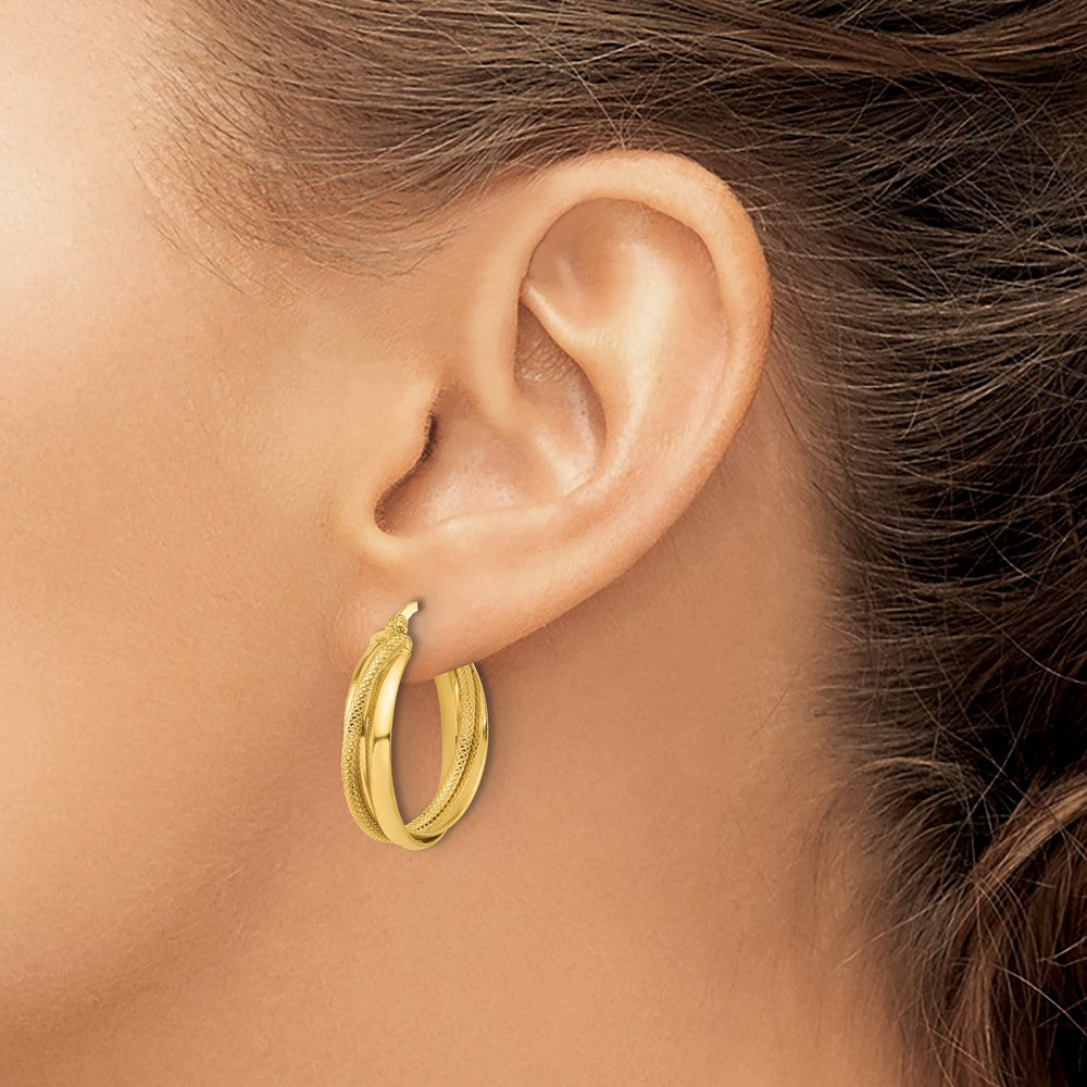 14K Gelbgold Poliert und Diamantiert Rund Creolen