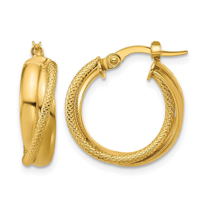 14K Gelbgold Poliert und Strukturiert Rund Creolen