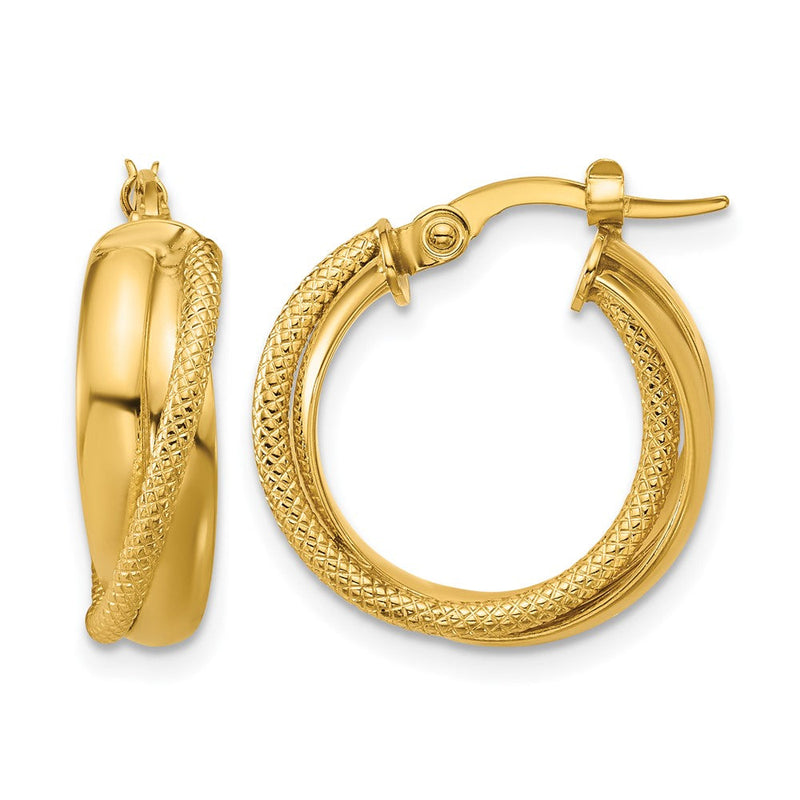 14K Gelbgold Poliert und Strukturiert Rund Creolen