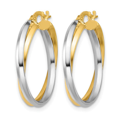 14K Bicolor mit Rhodium Poliert Gedreht Rund Creolen