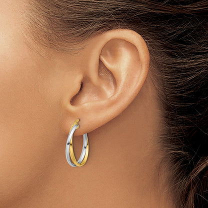 14K Bicolor mit Rhodium Poliert Gedreht Rund Creolen