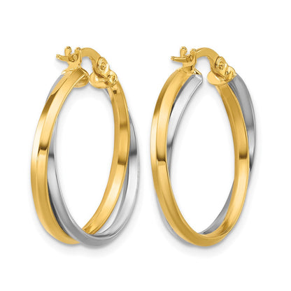 14K Bicolor mit Rhodium Poliert Gedreht Rund Creolen