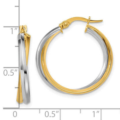 14K Bicolor mit Rhodium Poliert Gedreht Rund Creolen