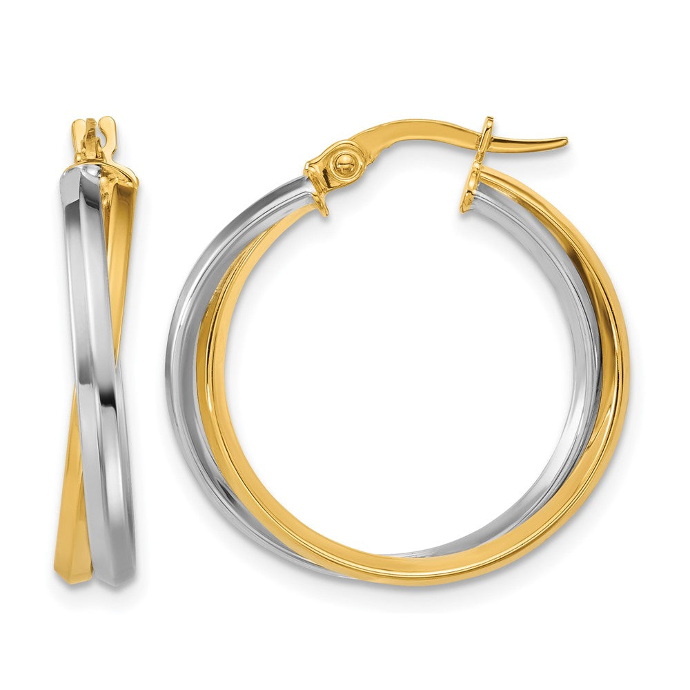 14K Bicolor mit Rhodium Poliert Gedreht Rund Creolen