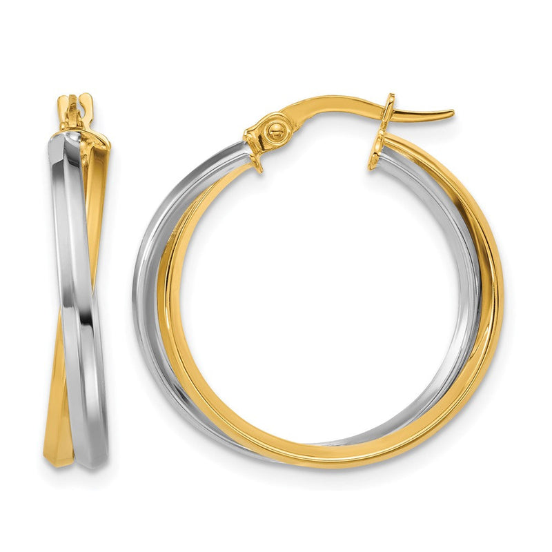 14K Bicolor mit Rhodium Poliert Gedreht Rund Creolen