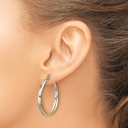 14K Bicolor mit Rhodium Poliert Gedreht Rund Creolen