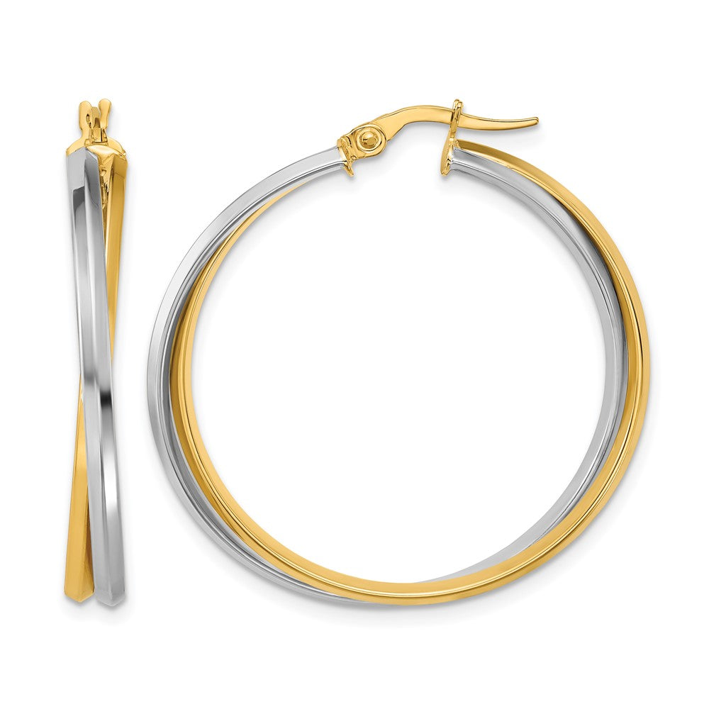 14K Bicolor mit Rhodium Poliert Gedreht Rund Creolen