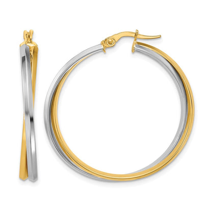 14K Bicolor mit Rhodium Poliert Gedreht Rund Creolen