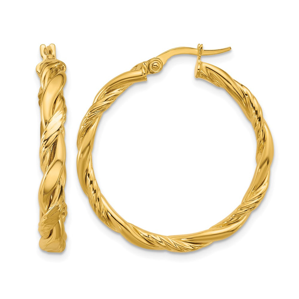 14K Gelbgold Poliert und Gedreht Rund Creolen