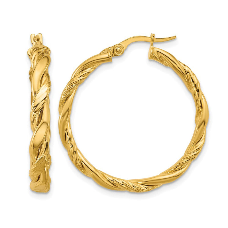 14K Gelbgold Poliert und Gedreht Rund Creolen