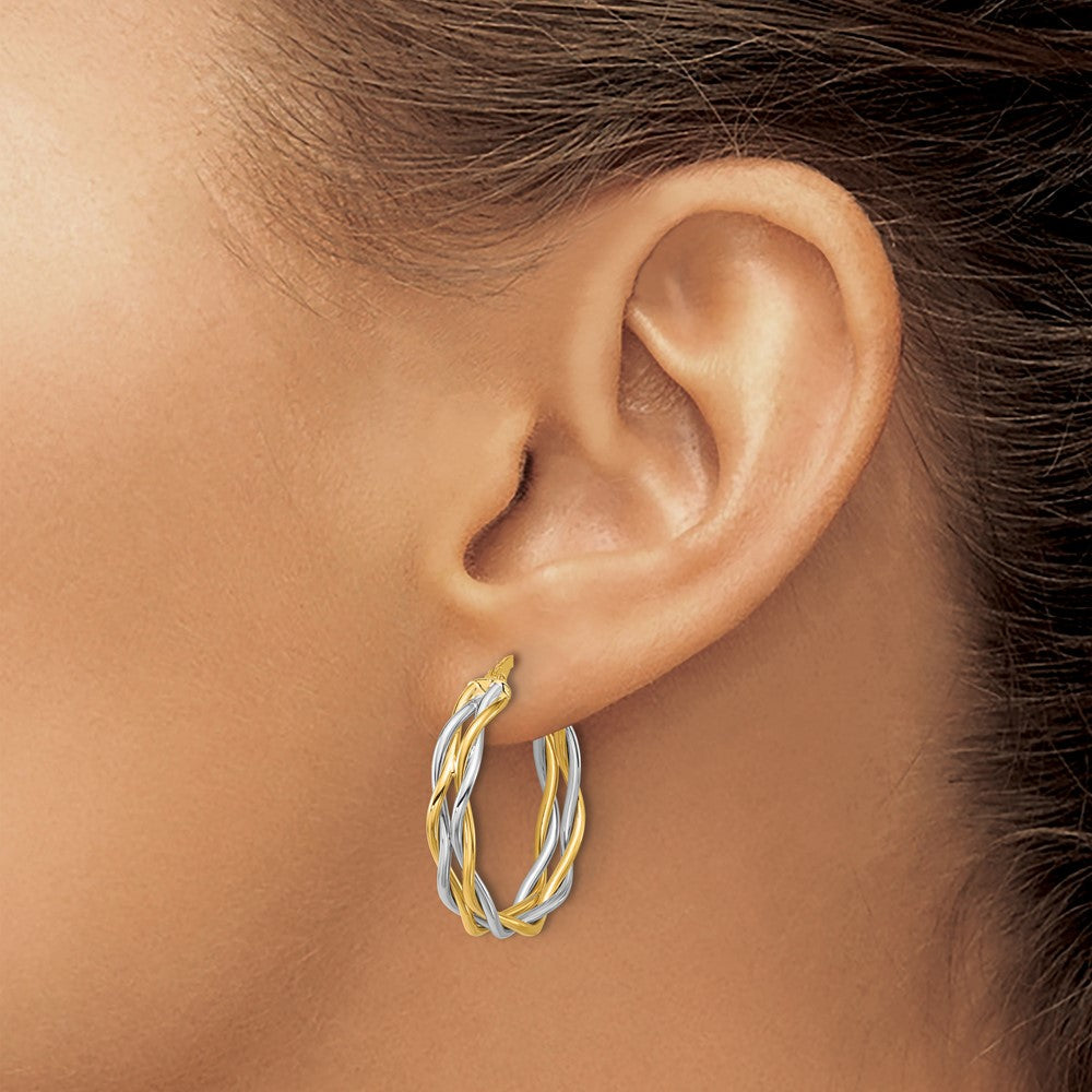 14K Bicolor mit Rhodium Poliert Gedreht Rund Creolen