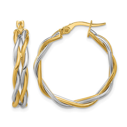 14K Bicolor mit Rhodium Poliert Gedreht Rund Creolen